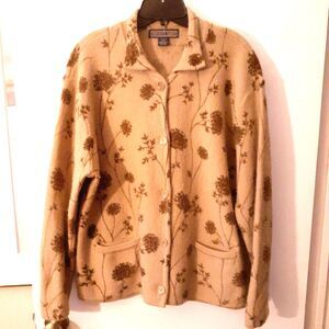 Herman Geist Wool Cardigan Sweater Womens Xl  Heavy Warm Jacket Tan Brown Floral